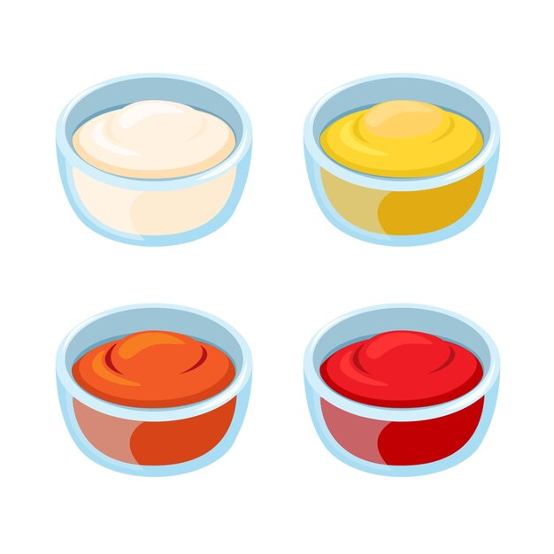 Vector sauce mayonaise and mustard in bowl glass symbol set cartoon illustration vector