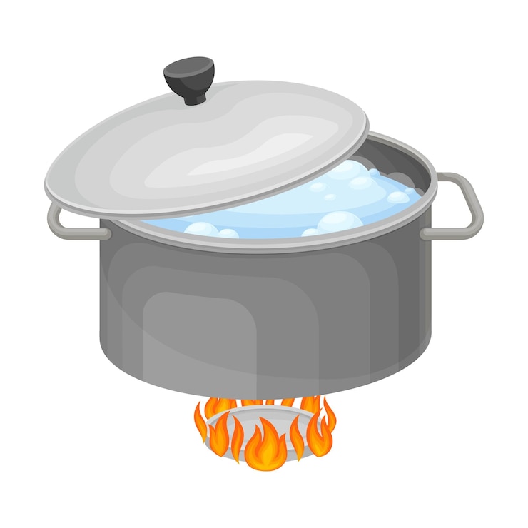 Vector saucepan with boiling water on burner for cooking pasta carbonara vector illustration