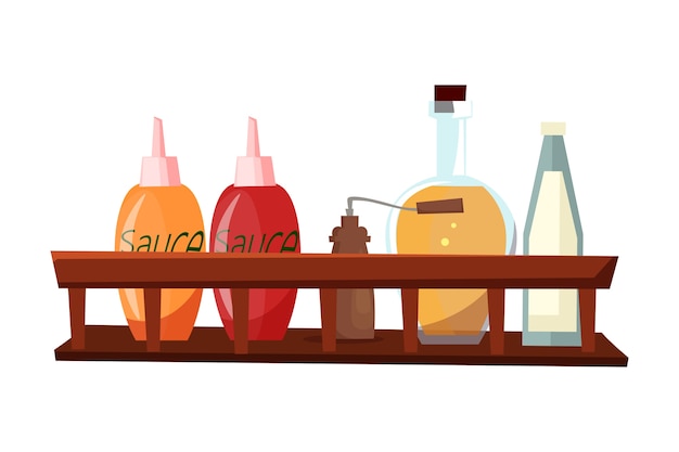 Vector sauces and spices, different cooking ingredients on wooden shelf.