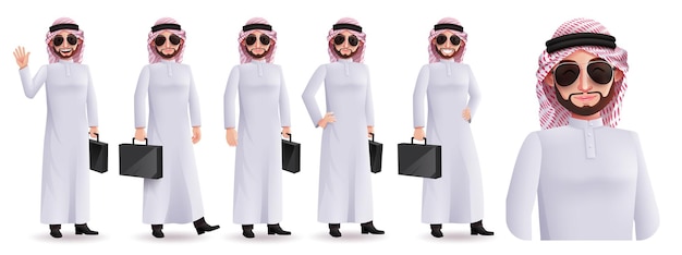 Saudi arab boss vector character set design. Arabian business man characters holding briefcase bag.