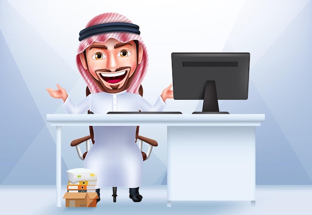 Saudi arab man character vector design. Arabian handsome manager sitting and working with happy.