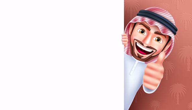 사우디 아라비아 남자 문자 벡터 템플릿 디자인입니다. 엄지손가락 손 제스처에 아라비아 잘생긴 보스입니다.