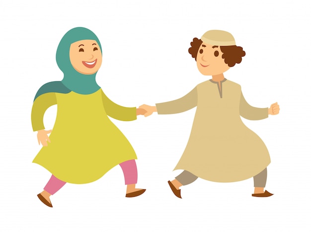 Personaggi dei cartoni animati a piedi felici coppie o bambini musulmani sauditi