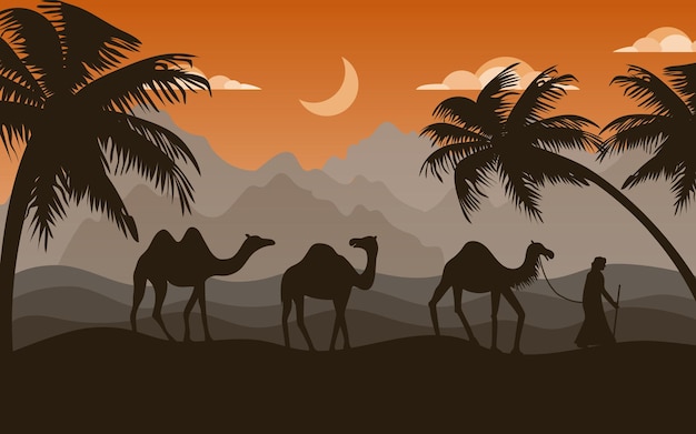 Vector saudi arab old camels in desert arabian dunes and sand history islam trade adventure in caravan sahara safari palms silhouette night landscape vector illustration current background