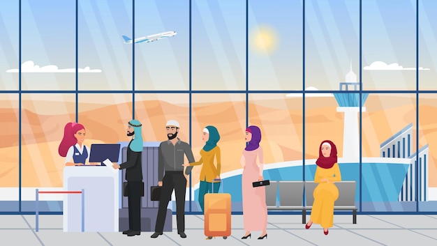 ローブのヒジャーブの男性の空港ホールターミナルの女性で並んで待っているサウジアラビアのアラブ人