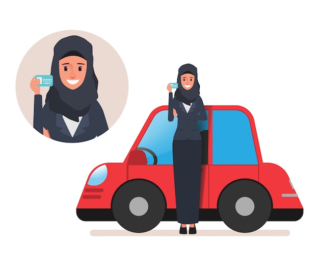 ベクトル 運転免許証と車を持つサウジアラビア人アラブ女性。