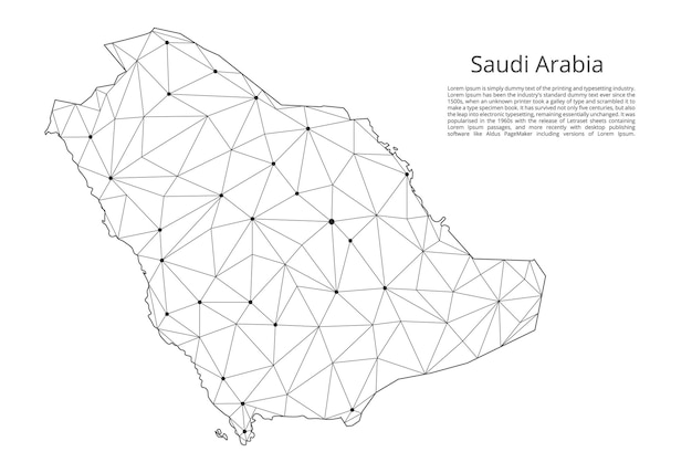 サウジアラビア通信ネットワーク地図都市の形でライトが付いている世界地図のベクトル低ポリ画像