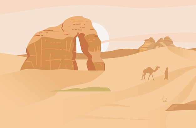 Vector saudi arabia desert landscape with elephant rock hegra ancient village sand rocks