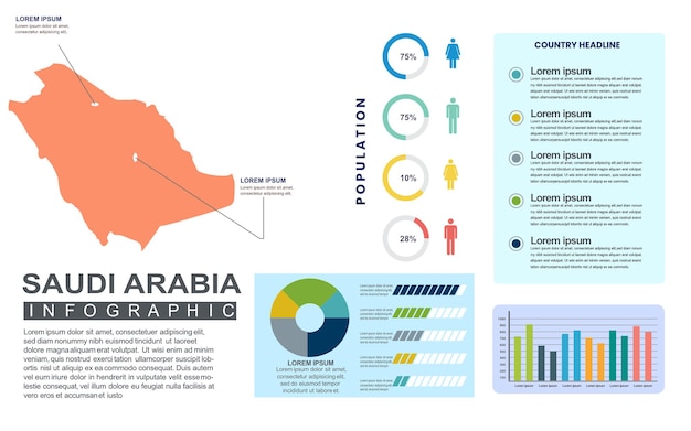 ベクトル サウジアラビアの人口と人口統計を含む詳細な国のインフォグラフィックテンプレート