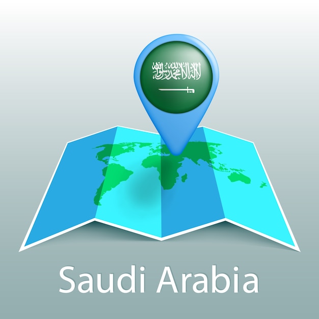 Vettore mappa del mondo di bandiera dell'arabia saudita nel perno con il nome del paese su sfondo grigio