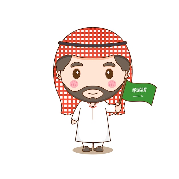 국기가 달린 국가 복장을 한 사우디 아라비아 전통 의상을 입은 소년 꼬마 만화 캐릭터