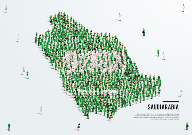 サウジアラビアまたは KSA の地図と国旗。サウジアラビアの旗のカラー マップに大勢の人が集まっています。