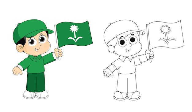 Vector saudi arabia ksa national day celebration boy is carrying flag logo coloring page activity for kids