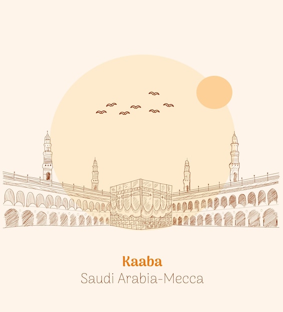 Vector saudi arabia mecca kaaba hand drawing vector illustration