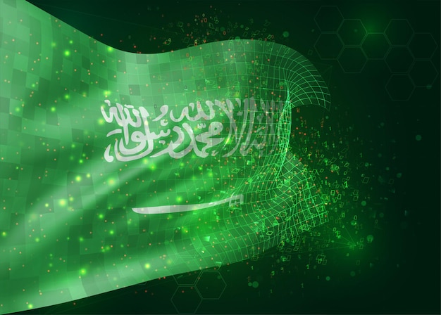 Саудовская аравия, вектор 3d флаг на зеленом фоне с многоугольниками и номерами данных