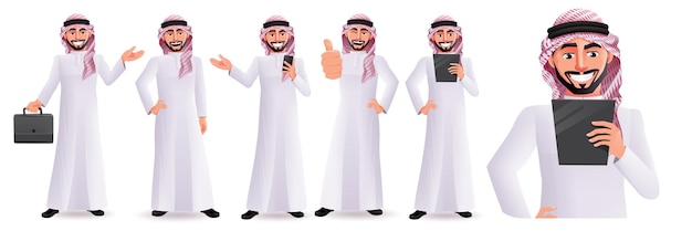 Saudi arabian man vector character set design. Arab male characters with standing, holding and thumb