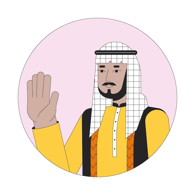 Saudi arabian man waving happy 2d line vector avatar illustration saying hello outline cartoon character face middle eastern male wearing chequered headgear flat color user profile image isolated