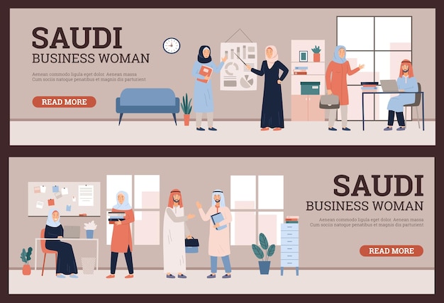 Saudi arabian muslim woman work at the office banner islamic business workplace muslim business team