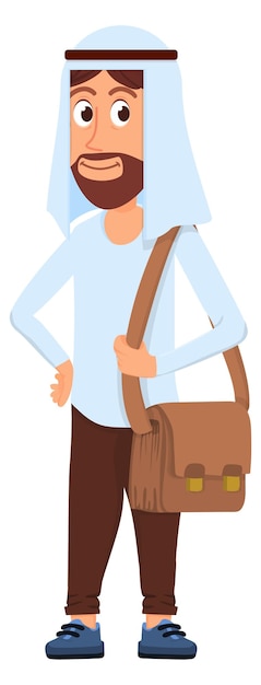 Vector saudi young man with hand bag islamic student character