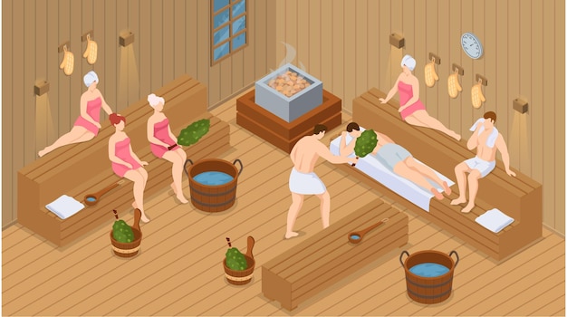 사우나 및 한증막 사우나에 있는 사람들 세트 사람들은 여성 및 남성 핀란드식 목욕탕을 위한 전통적인 러시아 난로에서 자작나무 빗자루로 긴장을 풀고 증기를 냅니다. 스파 리조트의 공공 사우나 친구