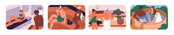 Vector sauna and banya set people friends men and women relaxing in steam rooms bathing in hot buckets resting on wooden benches with herb branches thermal spa and wellness flat vector illustrations