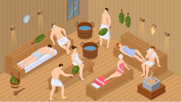 Vector sauna en stoombad reeks mensen in sauna mensen ontspannen en stomen met berkenbezems in traditioneel russisch fornuis voor vrouwelijk en mannelijk fins badhuis openbare sauna vrienden in kuuroord