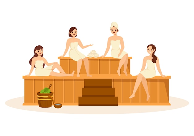 Sauna en stoomkamer met mensen ontspannen of genieten van tijd in vlakke afbeelding