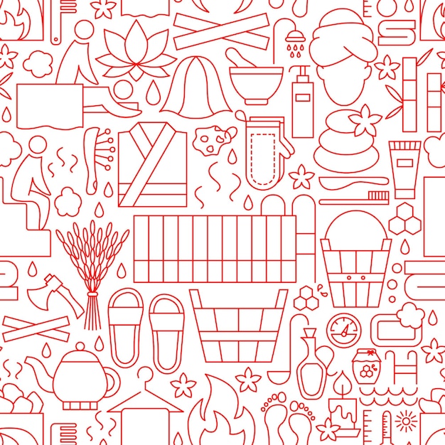 Sauna Line Seamless Pattern Vector Illustration of Outline Background