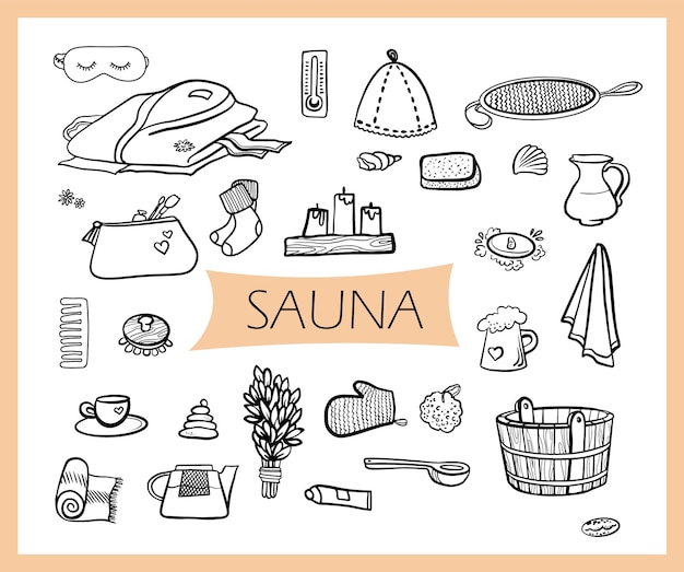 Sauna objects collection accessories doodle