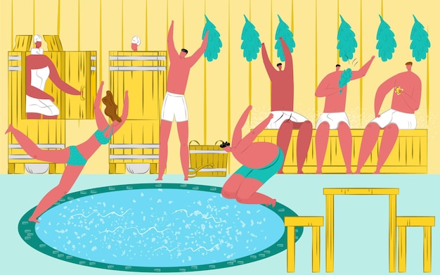 Sauna spa met stoom, vectorillustratie. hot relax procedure voor lichaam, man vrouw karakter in handdoek, wellness-ontspanning door warmte. mensen zitten in een warme emmer, springen in koud water voor gezondheidsbehandeling.