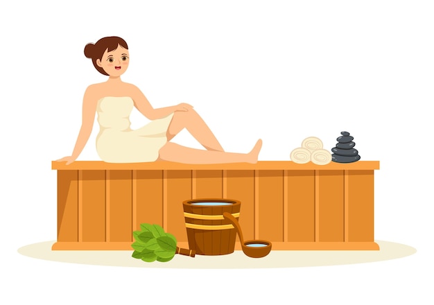 Sauna and steam room with people relax or enjoying time in flat illustration