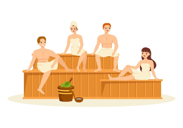 Vettore sauna e bagno turco con persone rilassarsi o godersi il tempo in illustrazione piatta