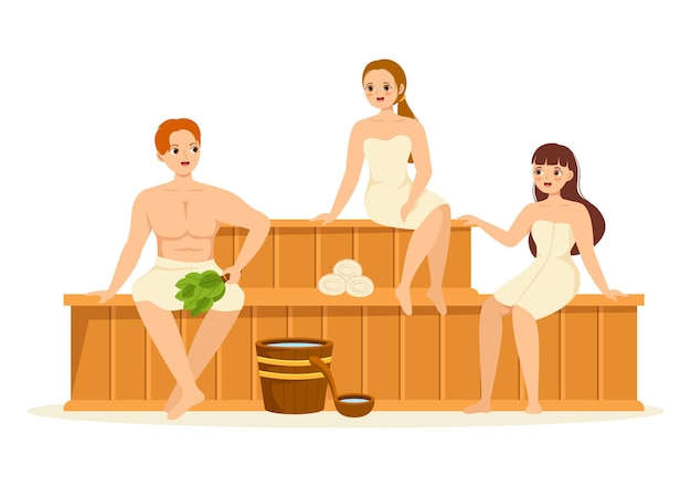 Vettore sauna e bagno turco con persone rilassarsi o godersi il tempo in illustrazione piatta