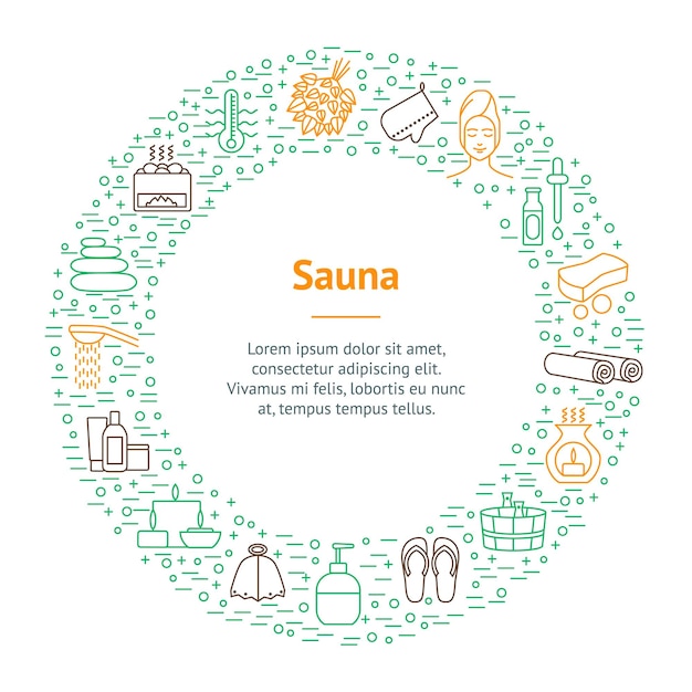 サウナ細い線バナー カード サークルには、スパ タオル キャンドル アロマセラピー スチームと紅茶のベクトル図が含まれます