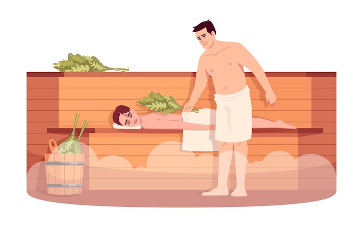 Vector saunalounge semi rgb-kleurenillustratie. het meisje ontspant op houten fornuisplank. vriendje met bad bezem massage vriendin. man en vrouw stripfiguur op witte achtergrond