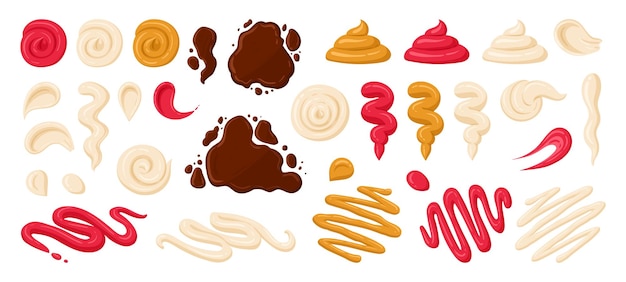 Saus vlekken mayo ketchup en mosterd dip platte vector illustratie set Junk food dressing sauzen