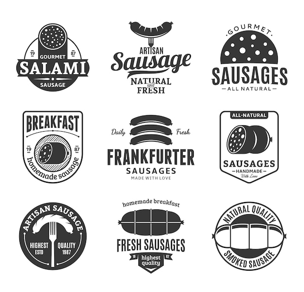 Колбаса черно-белые значки логотипа и элементы дизайна