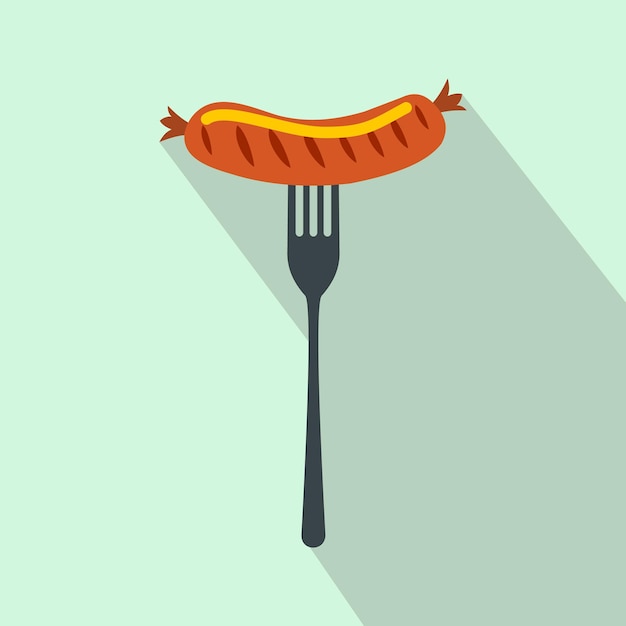 Vector sausage on a fork flat icon on a light blue background