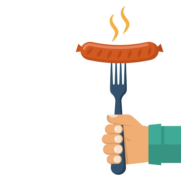 Sausage on fork in hand vector illustration flat design isolated on white background cooked hot fried sausage grill picnic template