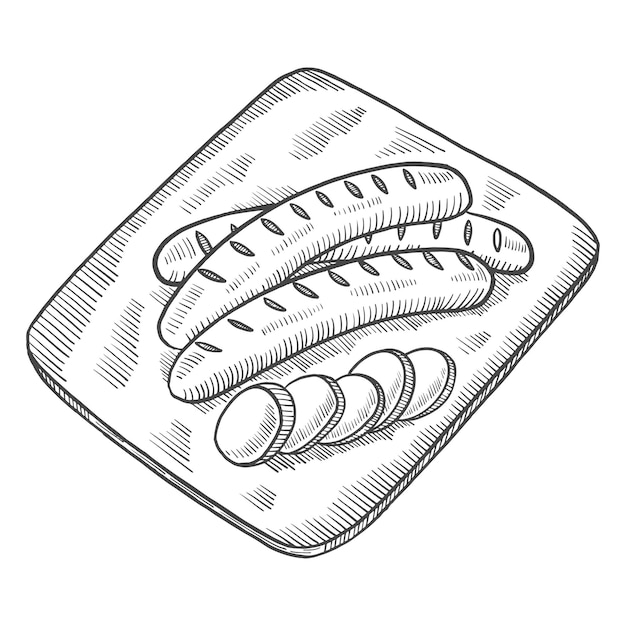 Колбаса немецкой или немецкой кухни, традиционная еда, изолированные каракули, нарисованные вручную, в стиле контура