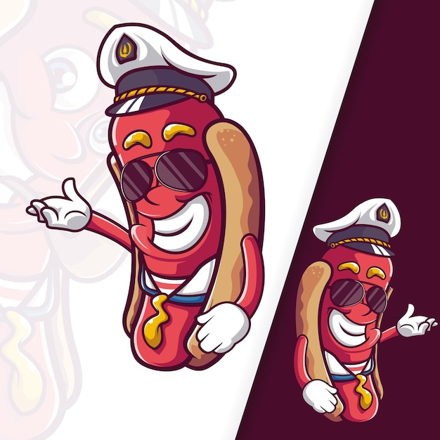 Vettore personaggi della mascotte del capitano dell'hot dog di salsiccia