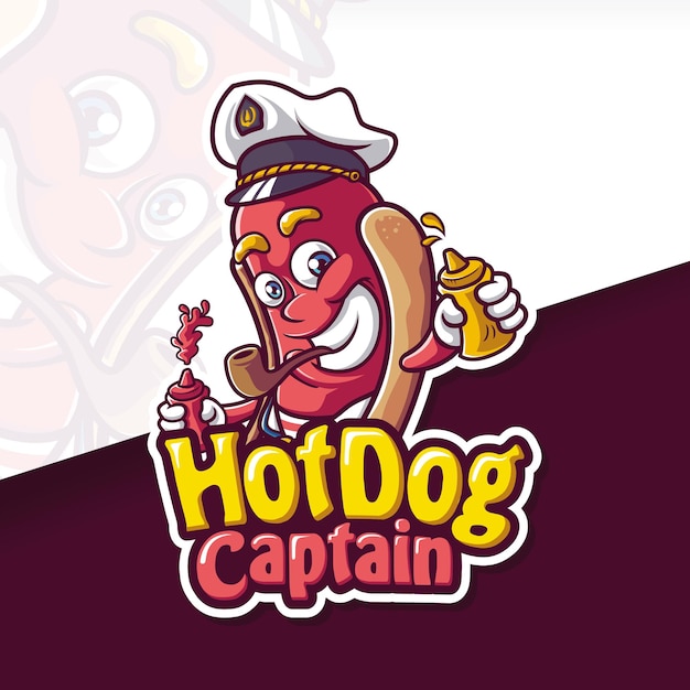 Vettore logo della mascotte del capitano dell'hot dog della salsiccia