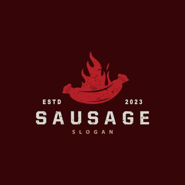 ソーセージのロゴ ベクトル肉フォークとソーセージ食品レストランのインスピレーション デザイン ヴィンテージ レトロな素朴な