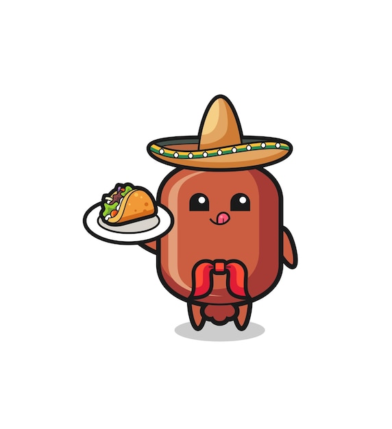 Sausage Mexican chef mascot holding a taco