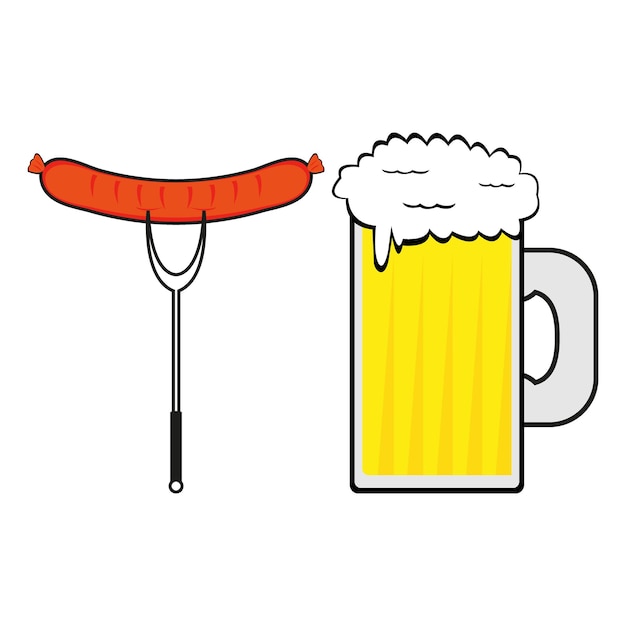 Сосиска и кружка пива на белом фоне