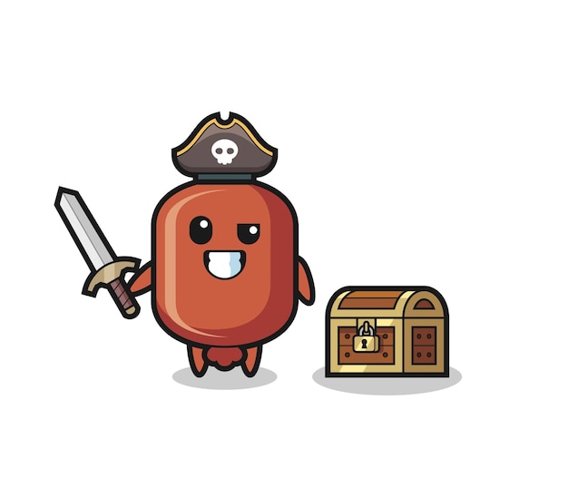 Vector the sausage pirate character holding sword beside a treasure box