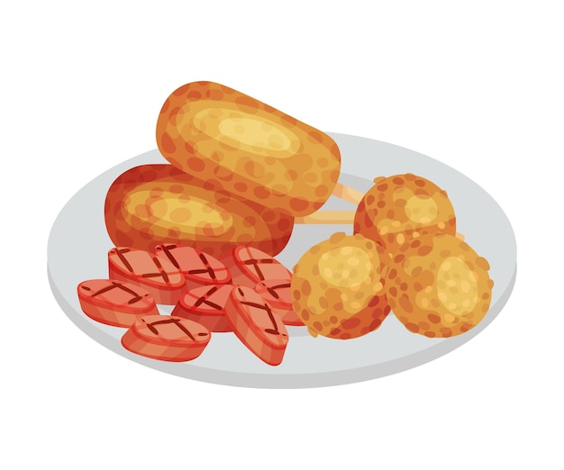 Vettore slabs di salsicce e sfere di carne riposate sul piatto come cibo festivo per la celebrazione dell'oktoberfest illustrazione vettoriale