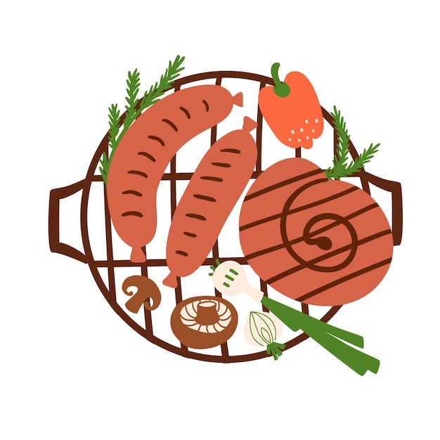 Вектор Сосиски барбекю гриль сосиски жареные сосиски на сетке еда для пикника летний барбекю графический элемент изолирован ручной рисунок векторной иллюстрации барбекю
