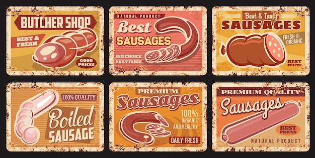 Vector sausages, butcher shop food products metal rusty plates