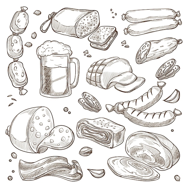 Sausages and ham meat and glass of beer sketch